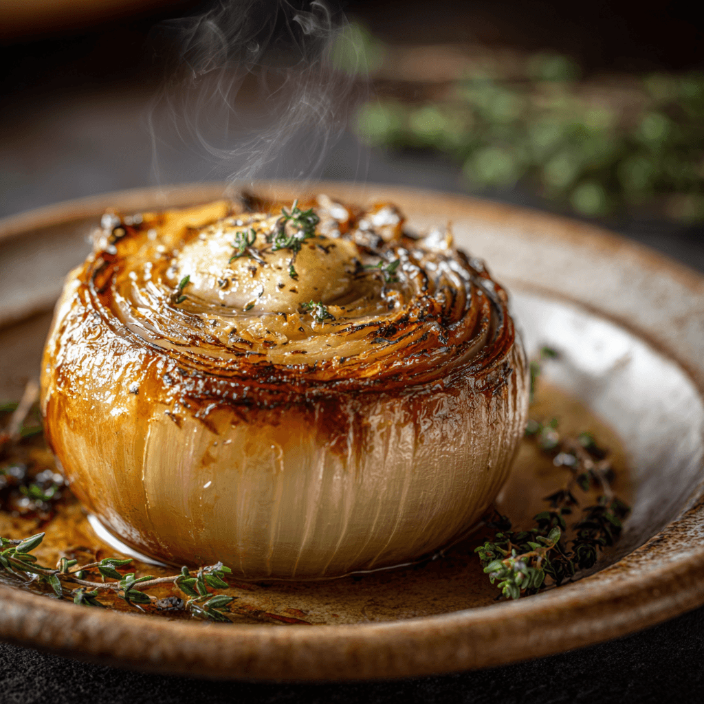 Roasted onion stuffed with melting butter on a rustic plate, garnished with fresh herbs