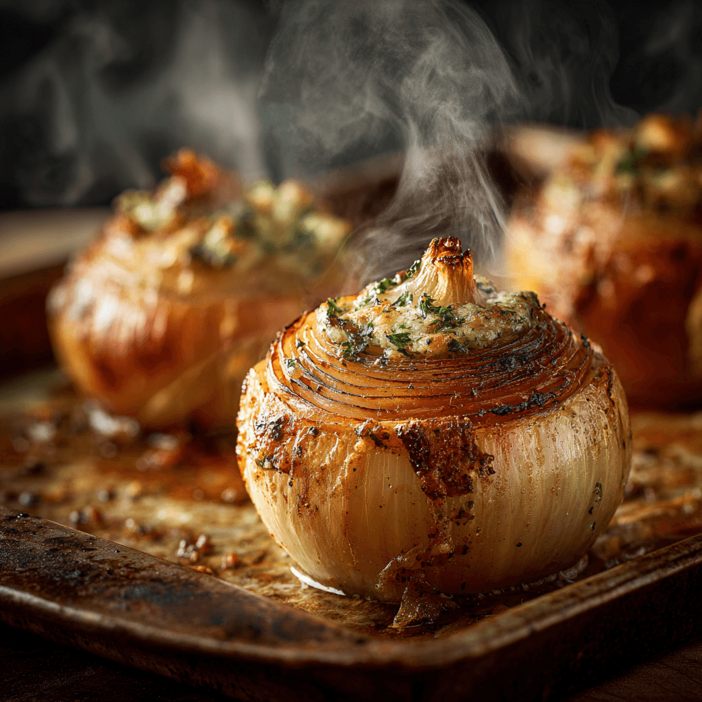 Golden roasted onion with melting garlic-herb butter, steam rising on a rustic plate