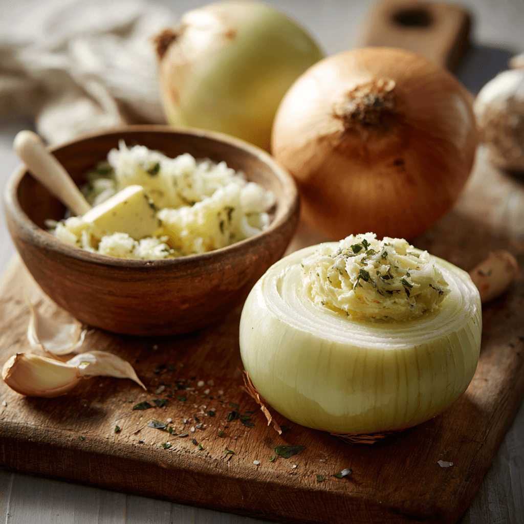 Fresh onions, herbs, garlic, lemon and butter on a rustic counter for a recipe banner