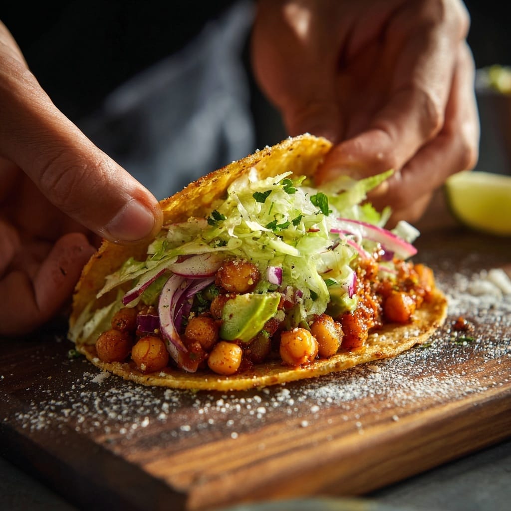 Assembling Tacos with Chickpeas and Avocado