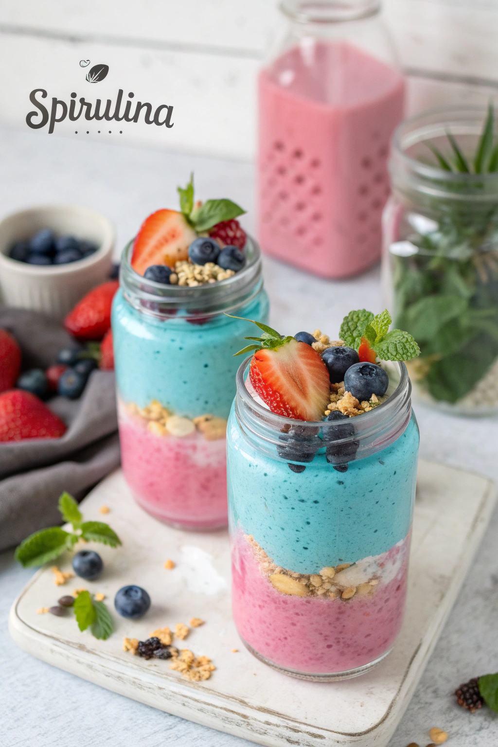Aesthetic layered smoothie jars with pink and blue spirulina
