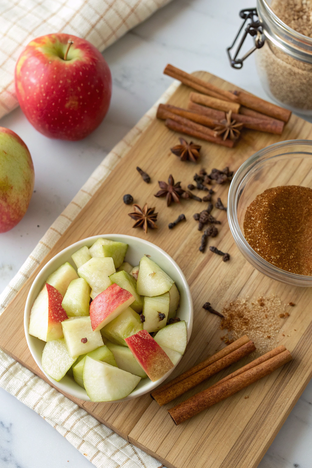Apple Chai Smoothie ingredients arranged artfully on a wooden board for Apple Chai Smoothie