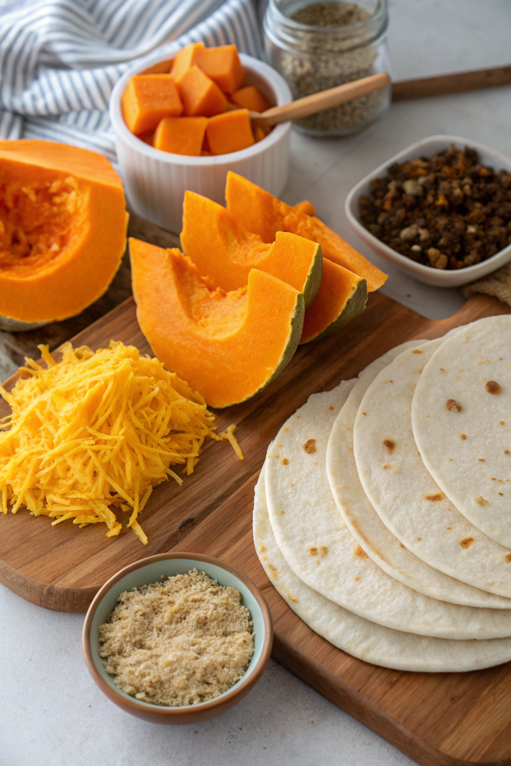 Pumpkin Quesadillas ingredients with tortillas, cheese, and pumpkin puree