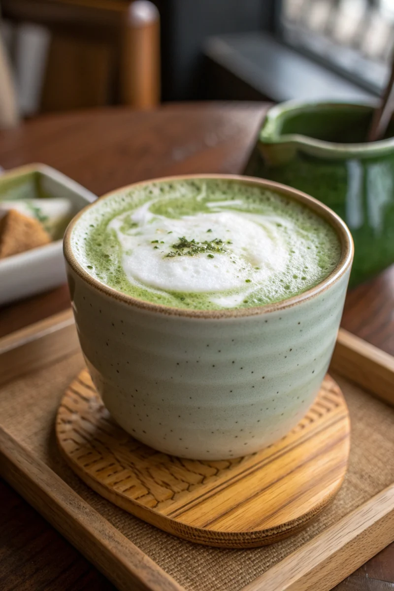 Ingredients for a Cozy Hot Matcha Latte with Frothy Milk laid out on a board