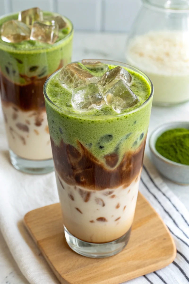 Ingredients for Iced Matcha Espresso Fusion with matcha, espresso, milk, and ice