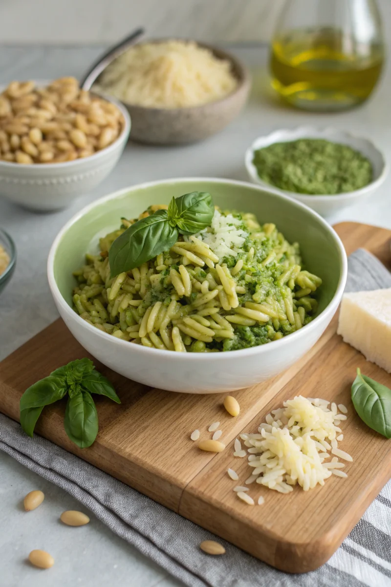 Creamy Pesto Orzo ingredients with pasta, basil pesto, Parmesan, yogurt, and cherry tomatoes
