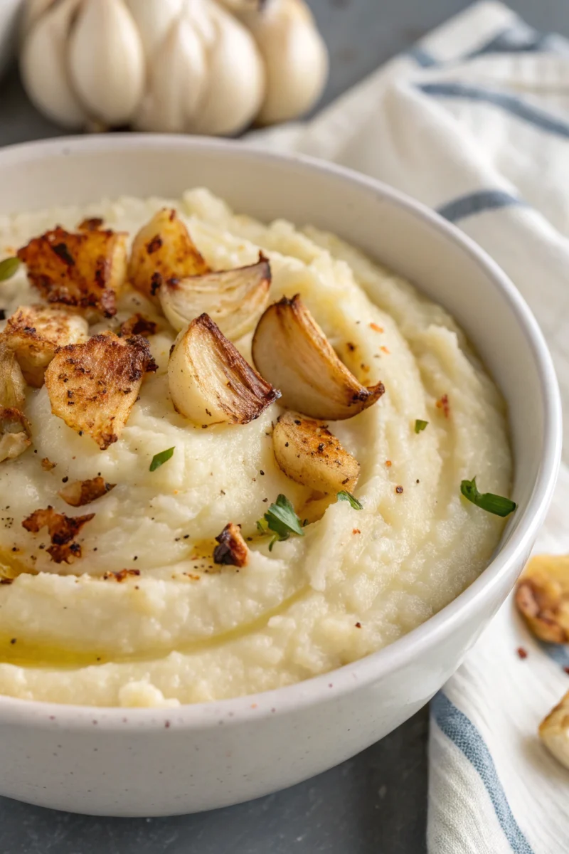 Creamy Roasted Garlic Mashed Cauliflower ingredients with garlic and olive oil
