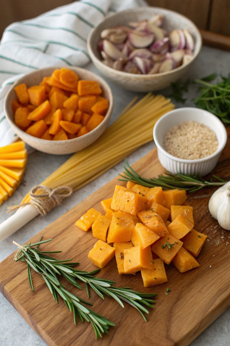 Ingredients for Creamy Roasted Squash Pasta: butternut squash, pasta, sage, garlic, onion, broth, cream, Parmesan