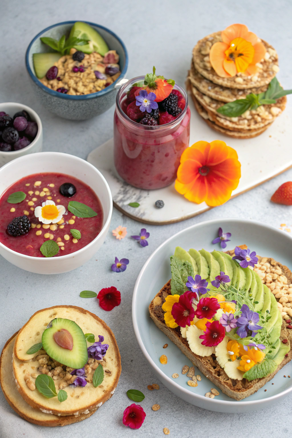 Vibrant image of fresh ingredients for a unique breakfast, including exotic fruits, colorful vegetables, and various grains.