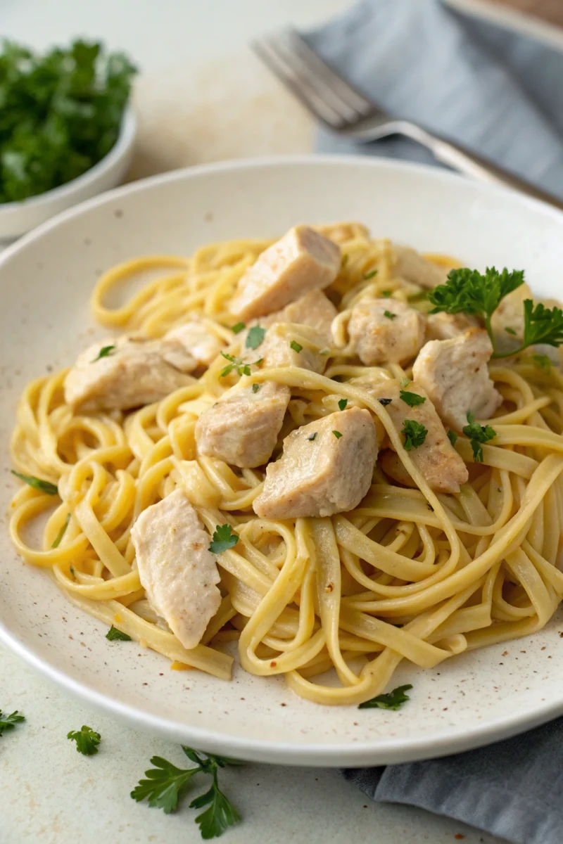 Ingredients for buttered noodles and chicken in bowls