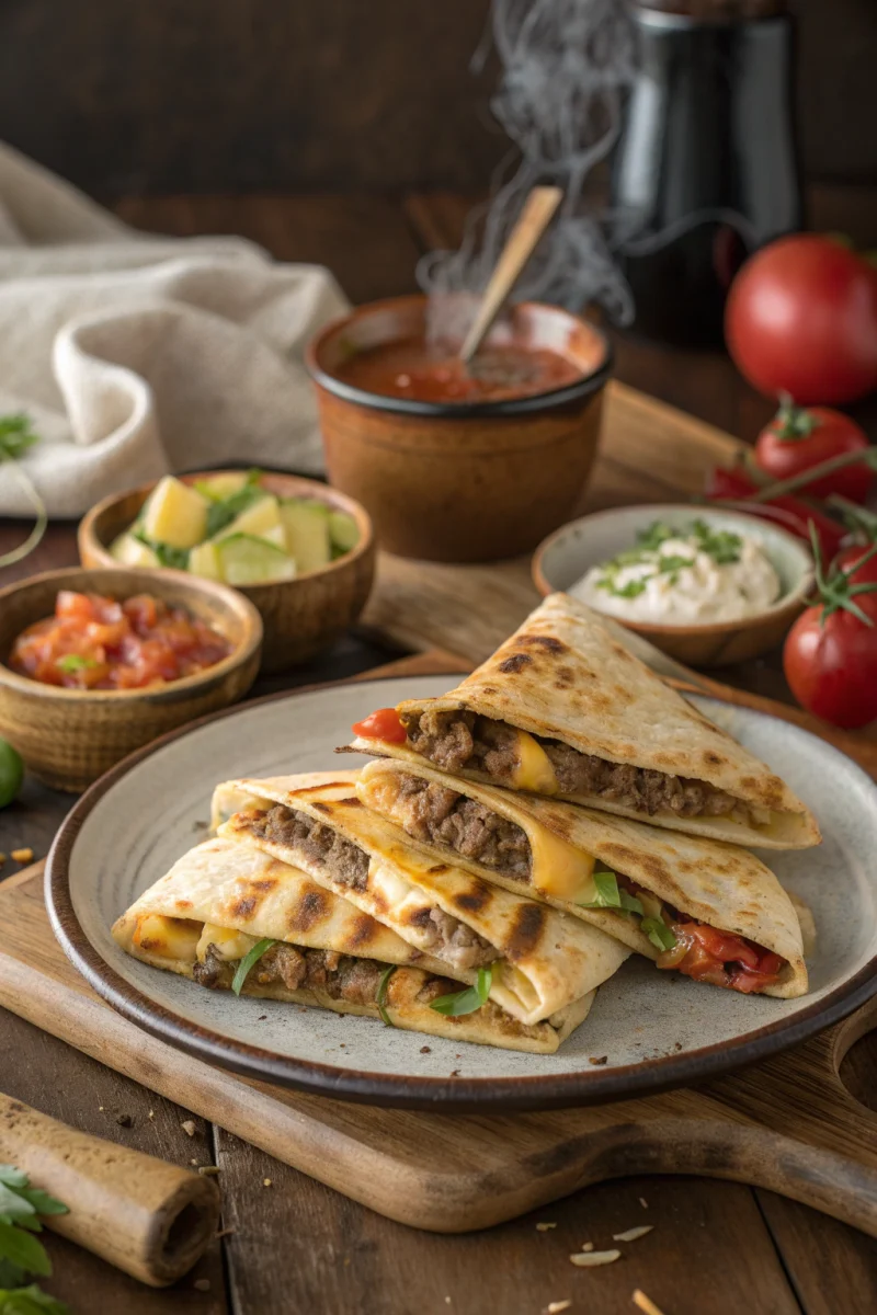 Easy Smashburger Quesadilla ingredients: tortillas, beef, cheese, onions