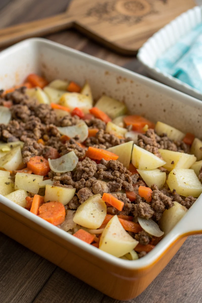 Hobo Casserole Ground Beef Recipe ingredients: ground beef, onion, garlic, hash browns, cheese, soup
