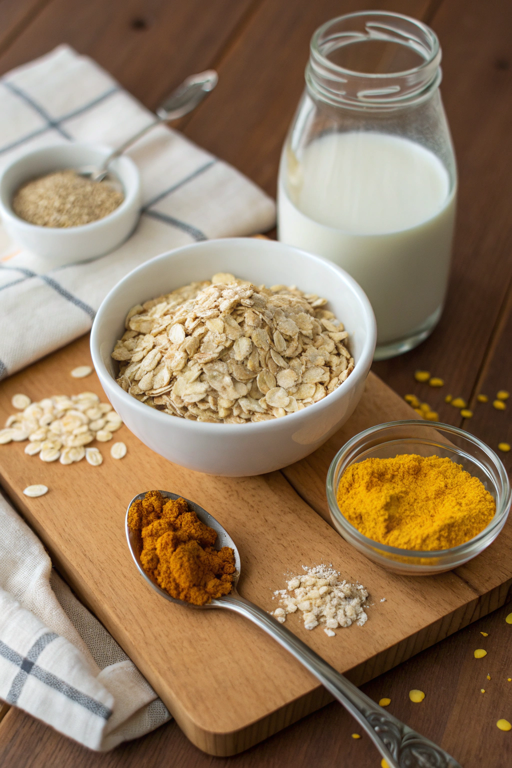 Golden Turmeric Oatmeal ingredients: rolled oats, plant milk, turmeric, cinnamon, black pepper, maple syrup, fruit and nut toppings