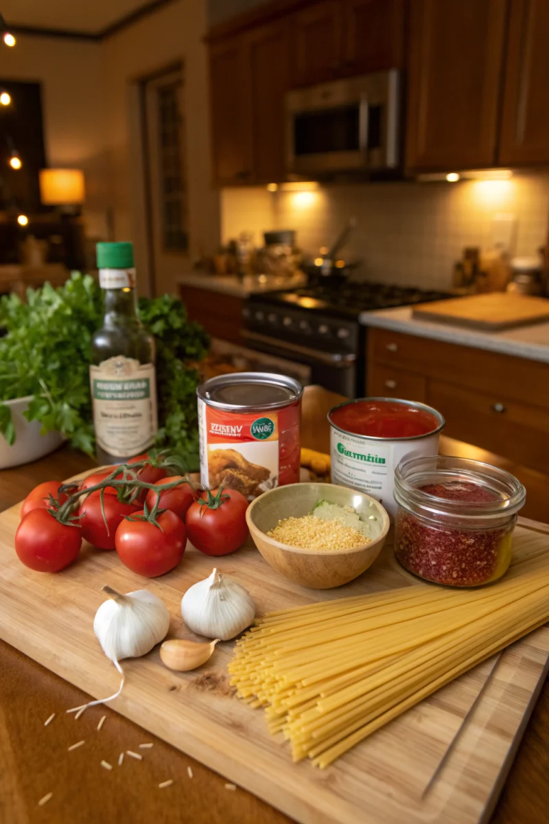 Kid-Approved Easy Dinner ingredients: pasta, ground meat, cheese, and vegetables