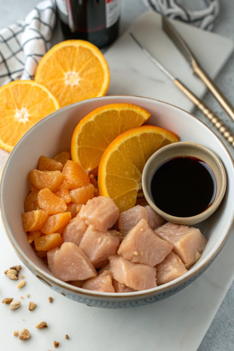 Homemade 3 ingredient orange chicken ingredients laid out on a counter
