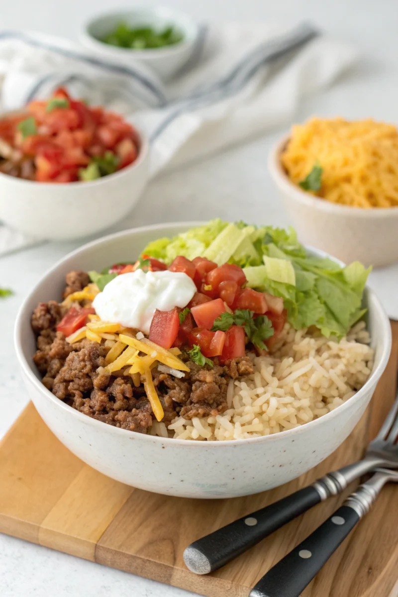 Homemade easy taco rice bowl ingredients spread out on a wooden counter