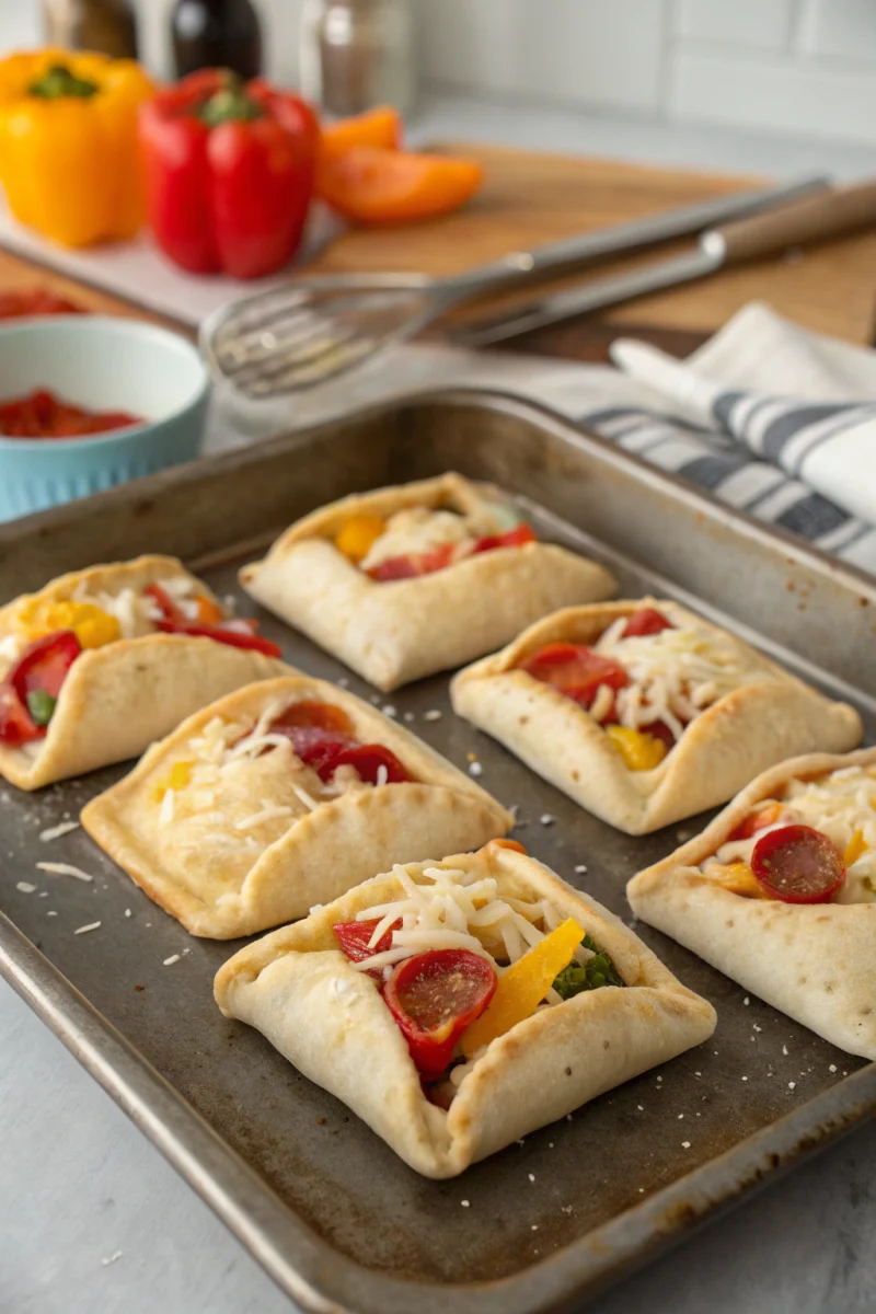 Homemade pizza pockets ingredients spread out on a counter