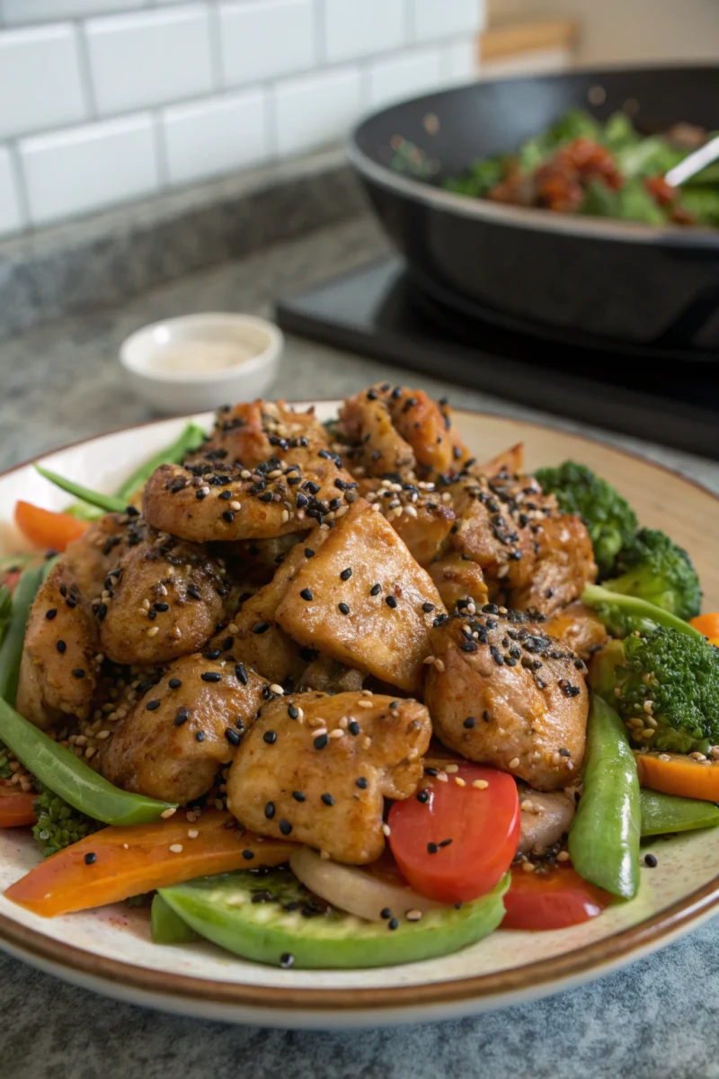 Savory Black Pepper Chicken ingredients prepped: chicken thighs, peppers, onion, garlic, ginger, sauces