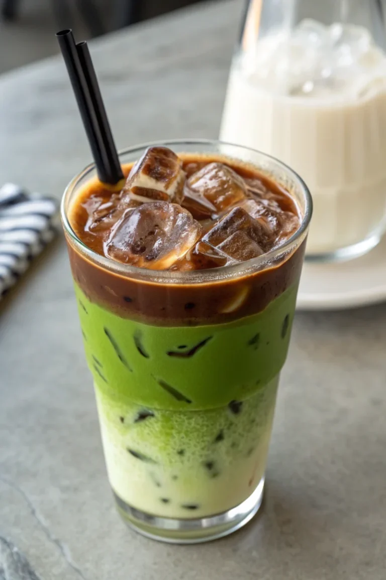 Iced dirty matcha latte with espresso kick