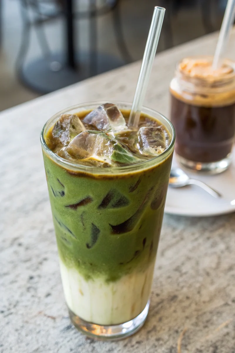 Iced Dirty Matcha Latte ingredients vibrant photo