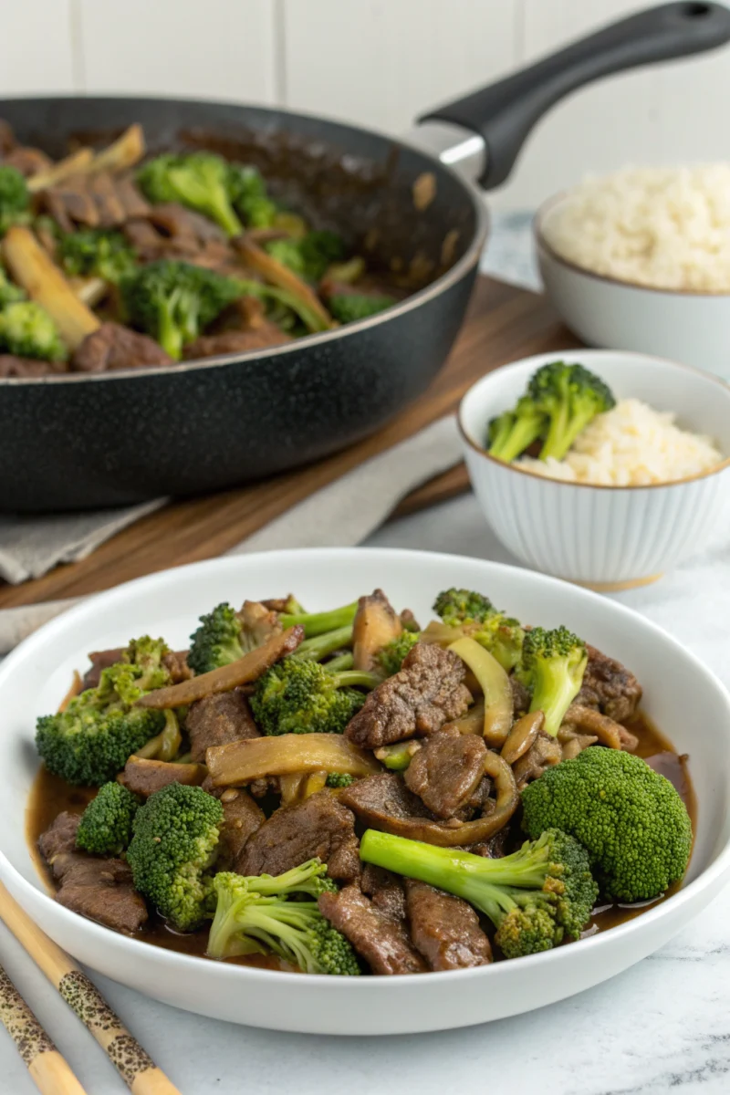 Chinese Beef and Broccoli ingredients prepped for one-pan cooking with flank steak and crisp broccoli