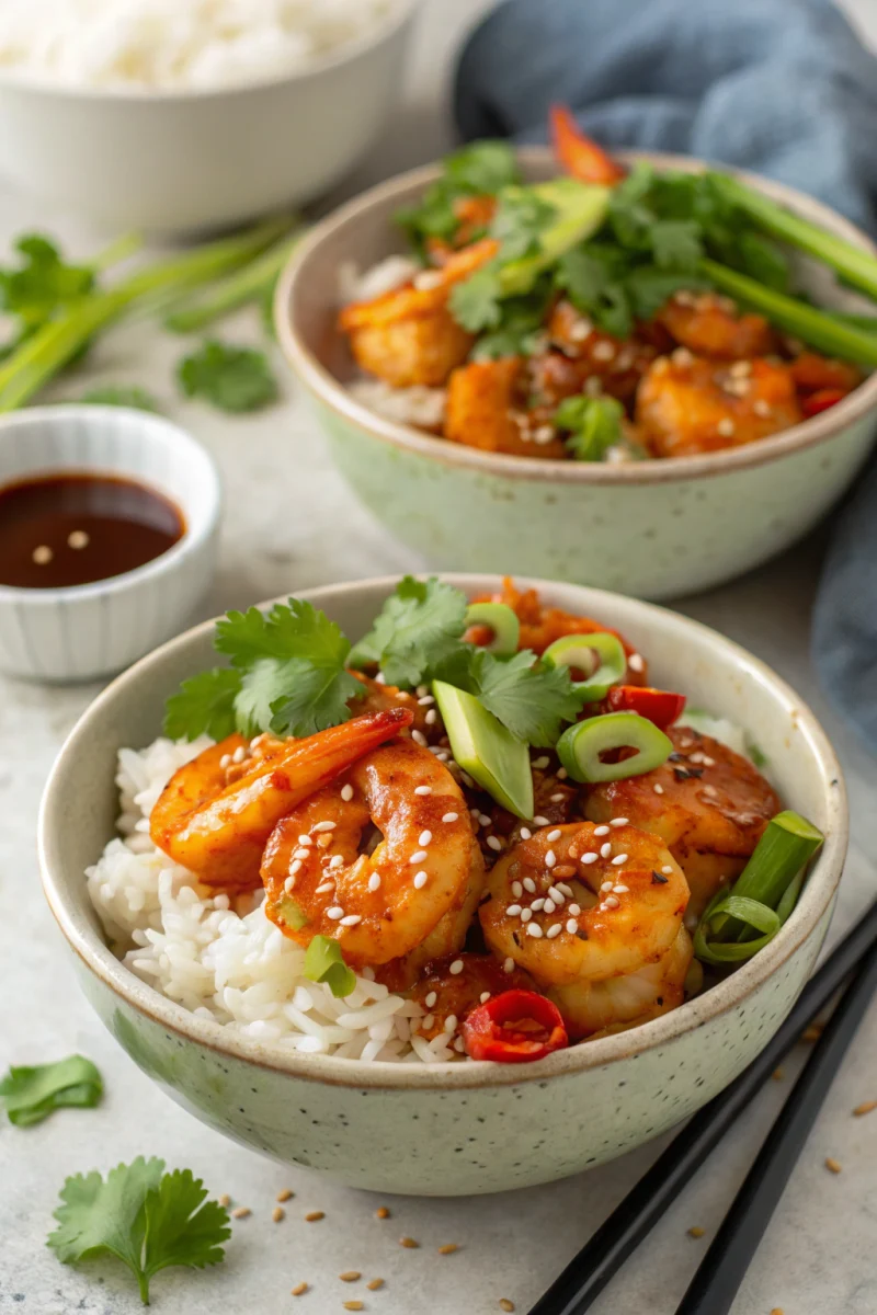 Ingredients for honey garlic shrimp bowls spread out on a counter