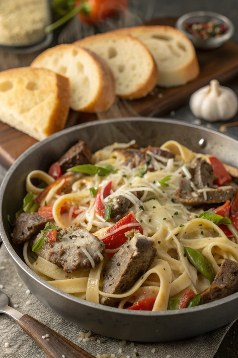 Philly Cheese Steak Pasta ingredients: pasta, thin steak, peppers, onions, cheeses