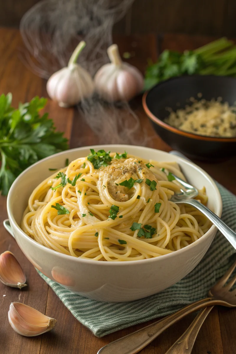 Soups Recipe — Irresistible The Best Noodles With Butter And Garlic Recipe | Home Cook Legacy Ingredients for buttery garlic noodles laid out on a wooden counter