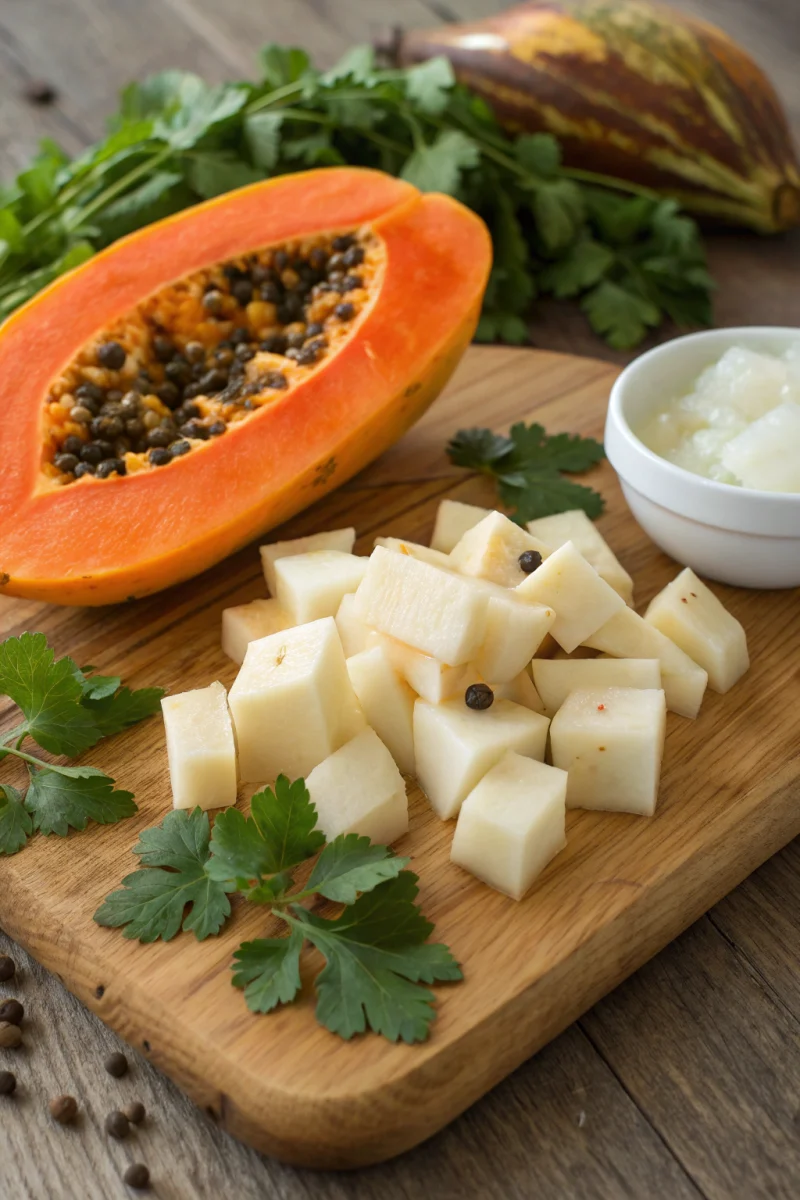 Papaya Potato Curry ingredients arranged for cooking: green papaya, potatoes, spices and coconut milk