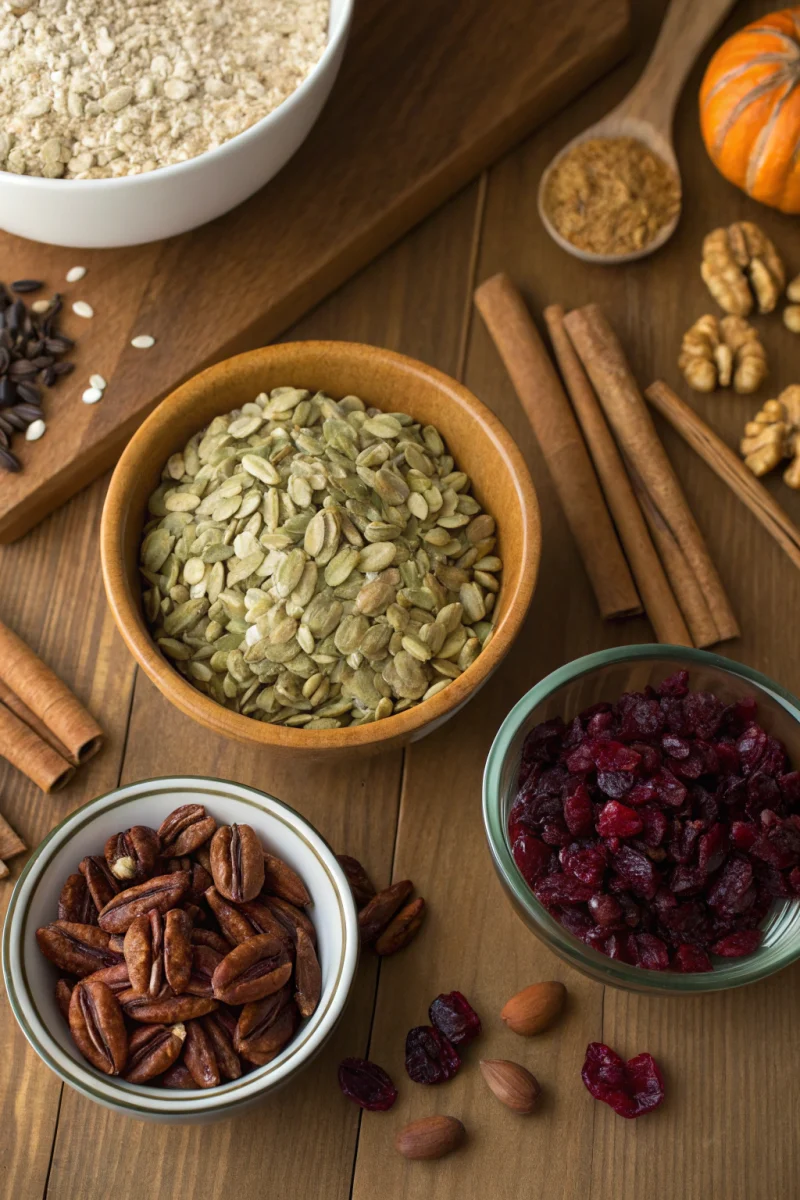 Pumpkin Spiced Granola ingredients displayed beautifully for a cozy fall breakfast
