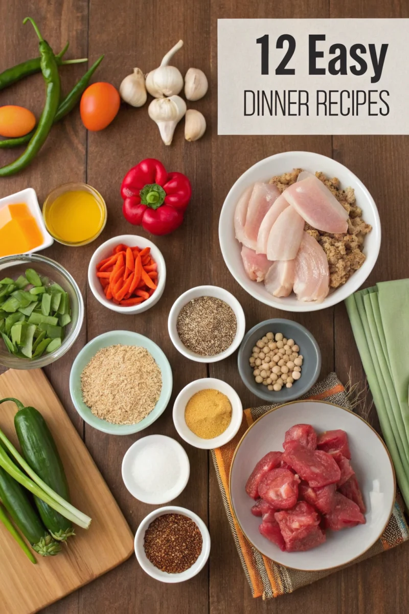 Ingredients for 12 Easy Dinner Recipes organized for quick weeknight cooking