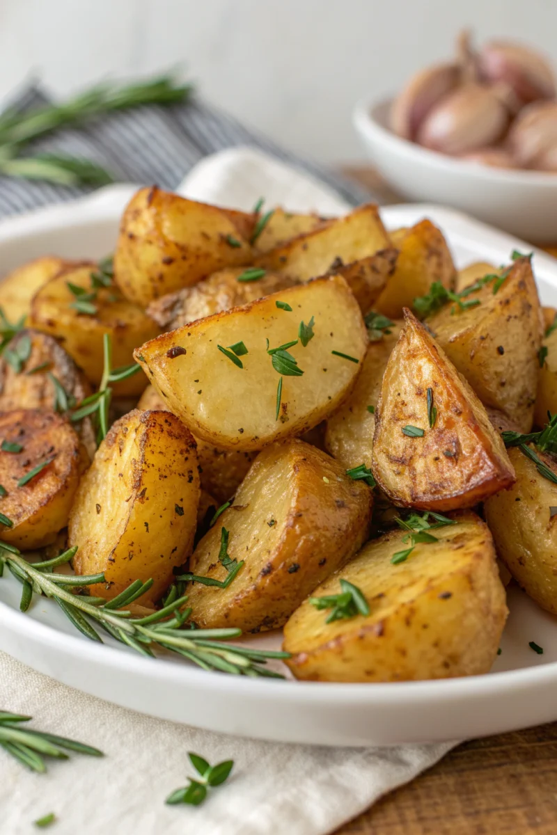 Roasted Garlic Herb Potatoes ingredients: baby potatoes, garlic, rosemary, thyme, olive oil, salt, pepper