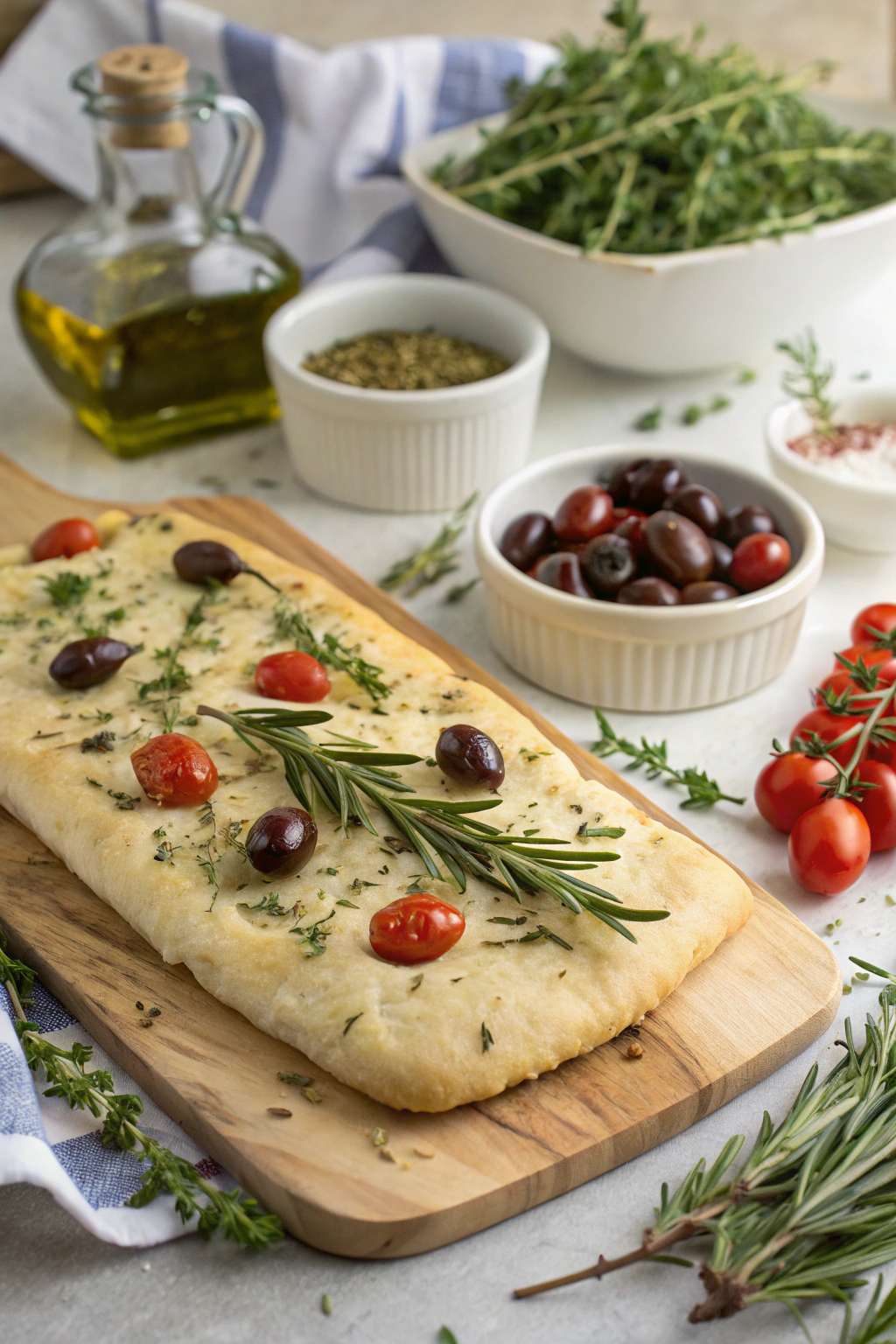 A beautifully golden-brown savory herb focaccia, topped with fresh rosemary and sea salt, glistening with olive oil.