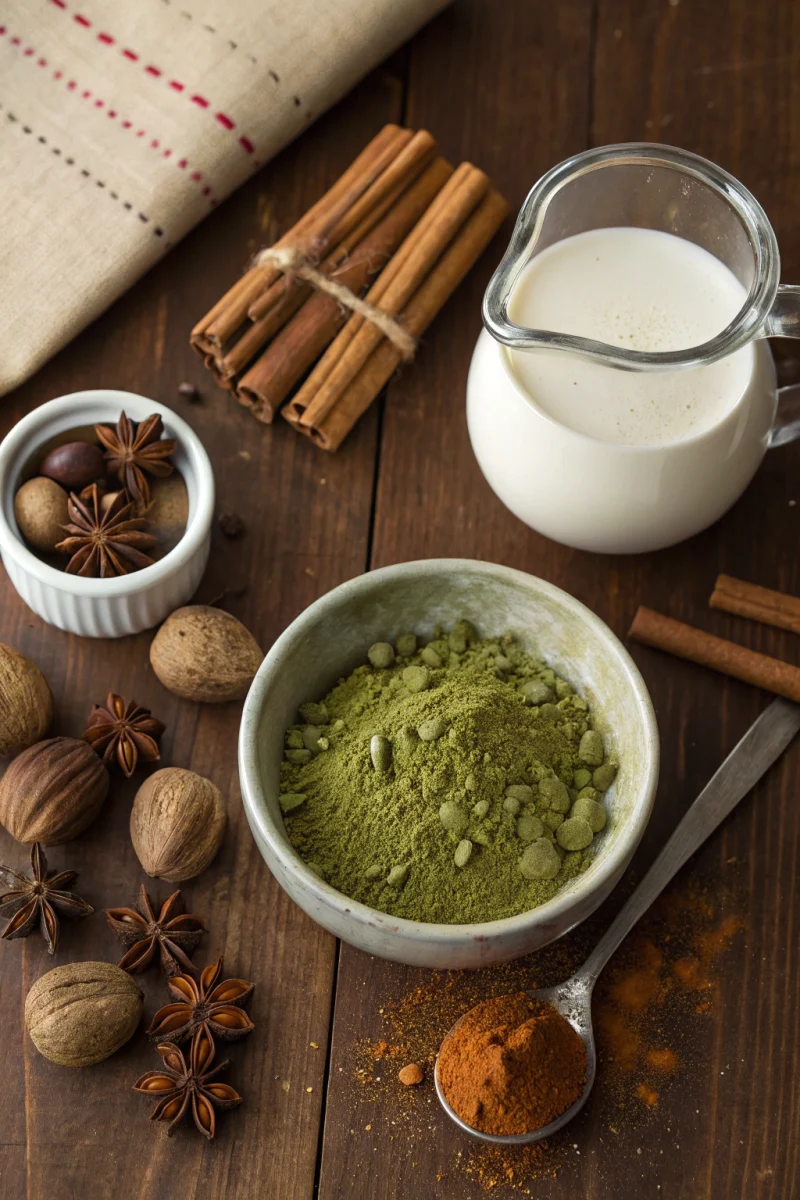 Spiced Autumn Matcha Latte ingredients with matcha powder, milk, and spices