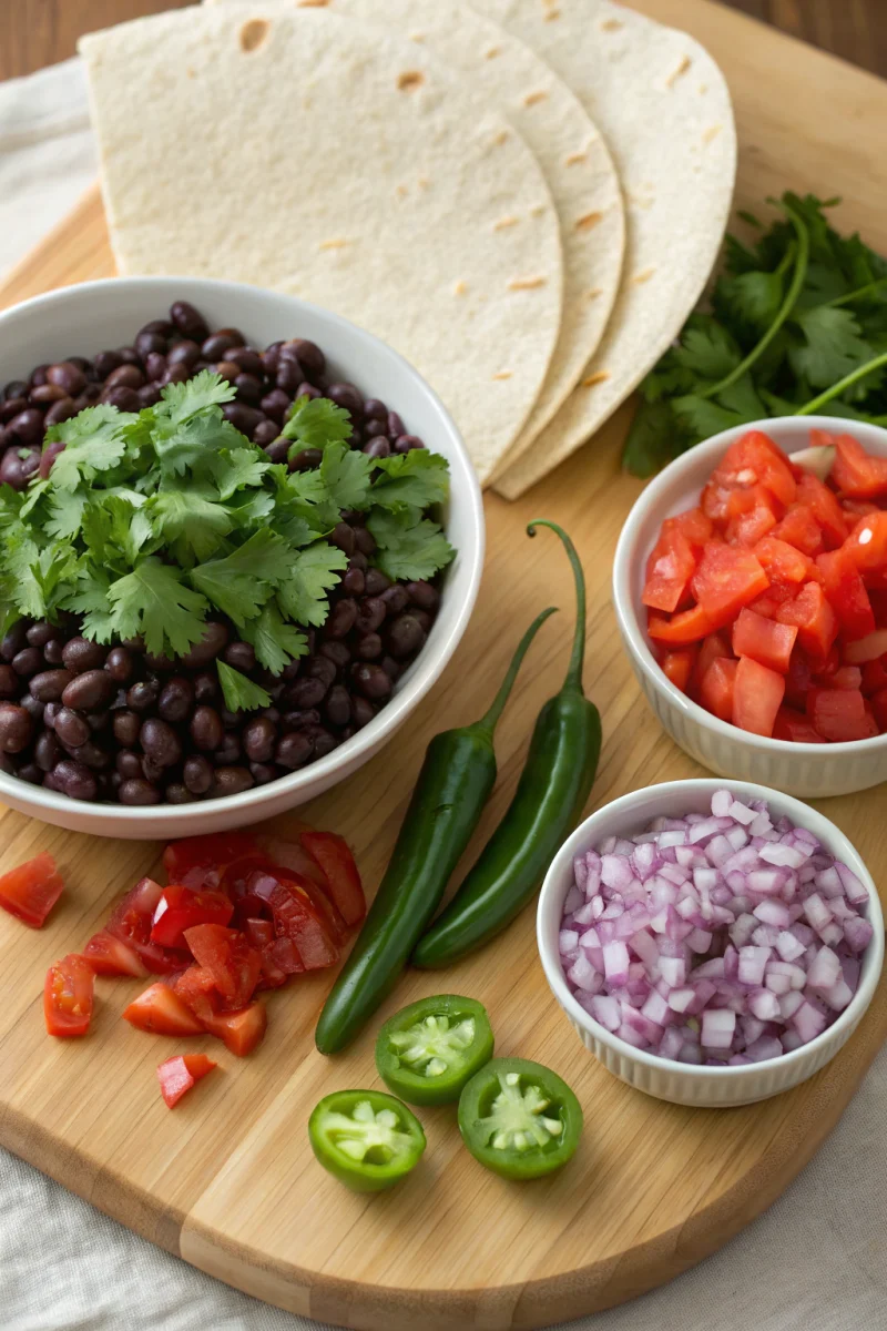 Spicy Black Bean Tacos ingredients: black beans, onion, garlic, bell pepper, spices, tortillas