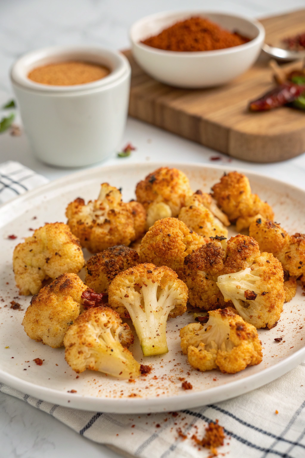Spicy Roasted Cauliflower Bites ingredients on tray: cauliflower, spices, oil