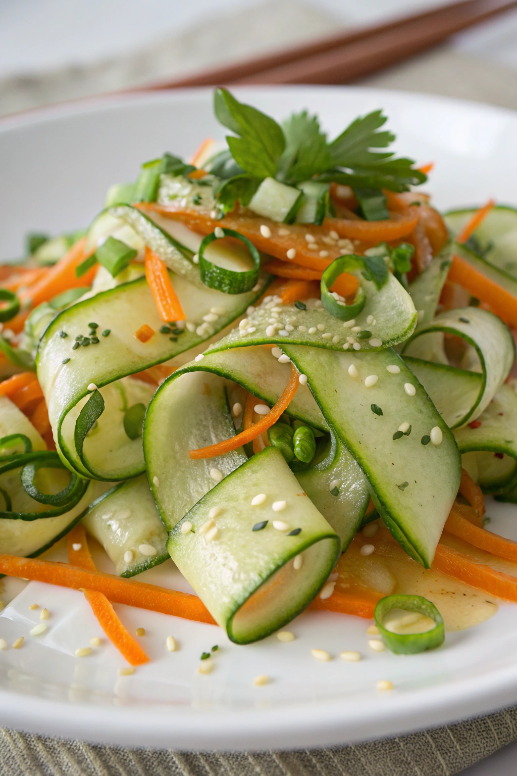 Cucumber ribbon salad ingredients for soy–sesame dressing and thin cucumber ribbons