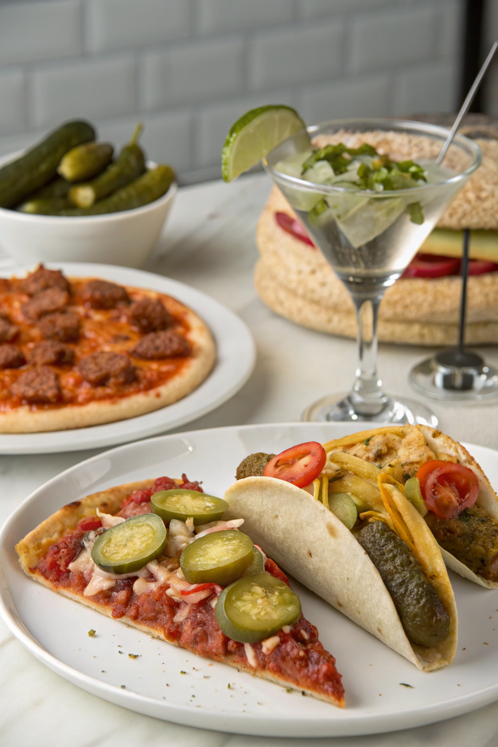 pickle pizza, pickle tacos, pickle martini, viral pickle snack, TikTok pickle trend with fresh vegetables, nori and sesame