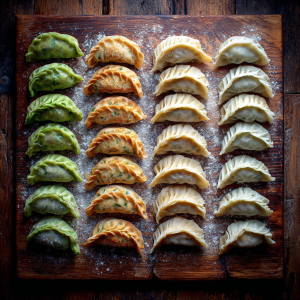 Different dumpling folds arranged on a floured wooden board ready to cook