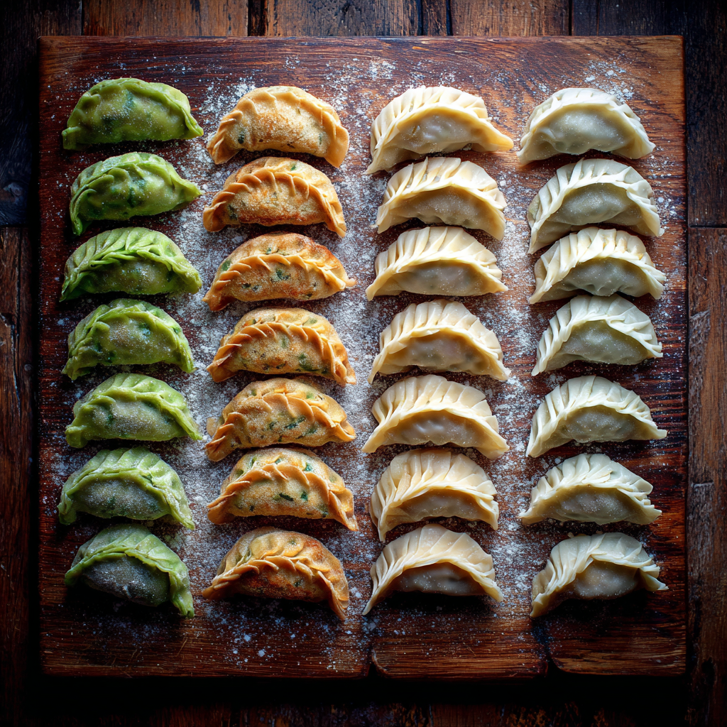 Different dumpling folds arranged on a floured wooden board ready to cook