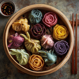 Assorted dumplings folded into roses and origami shapes in a bamboo steamer