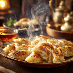 Plate of cooked dumplings with golden pan-fried bottoms and dipping sauce