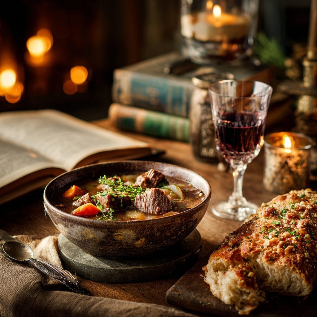 Classic Beef & Barley Stew served on cozy winter dinner table with bread and wine