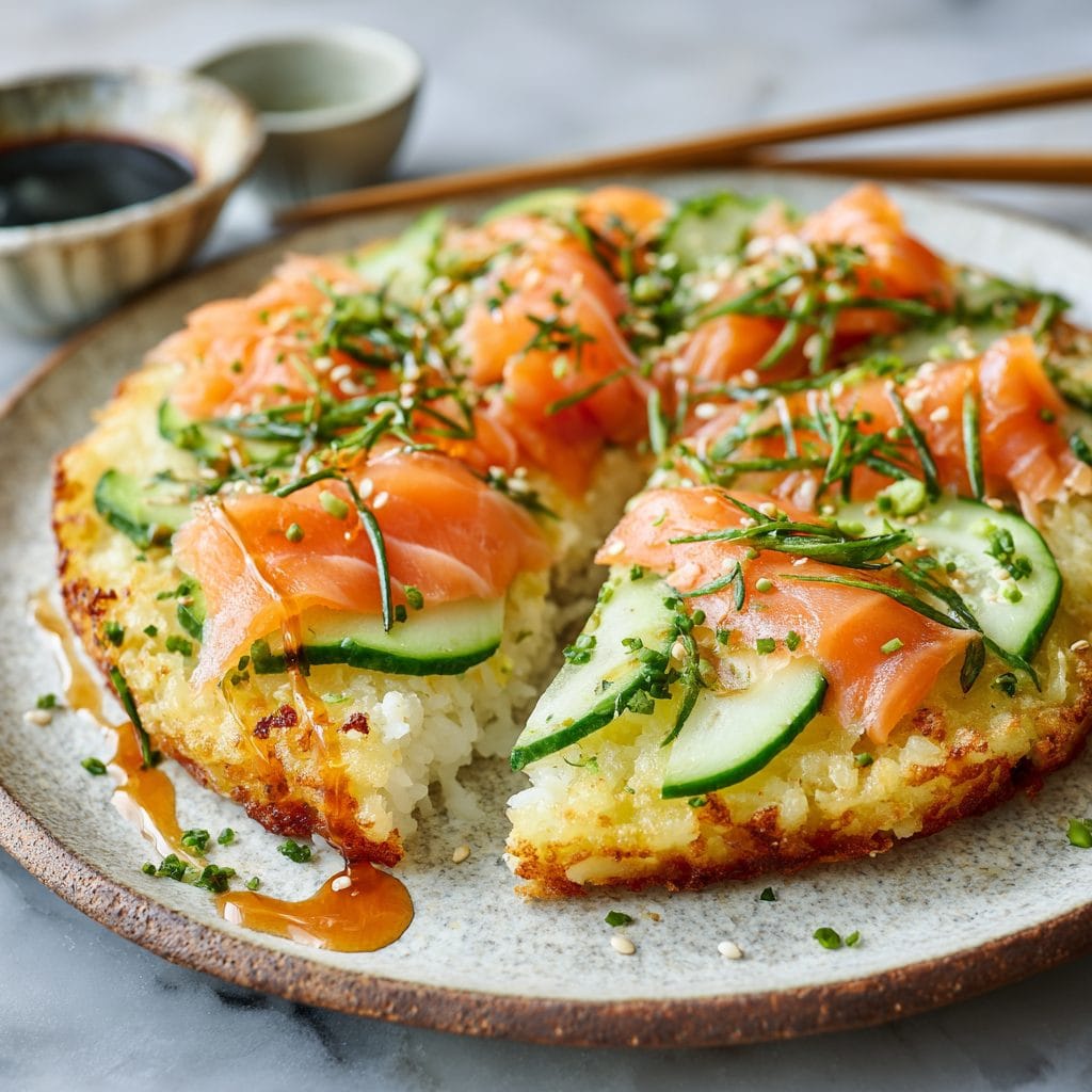 Smoked salmon sushi pizza with avocado, cucumber, and chives on a crispy sushi rice base.
