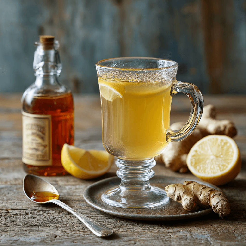 Warm lemon ginger drink with honey drizzle and apple cider vinegar on a rustic wooden table