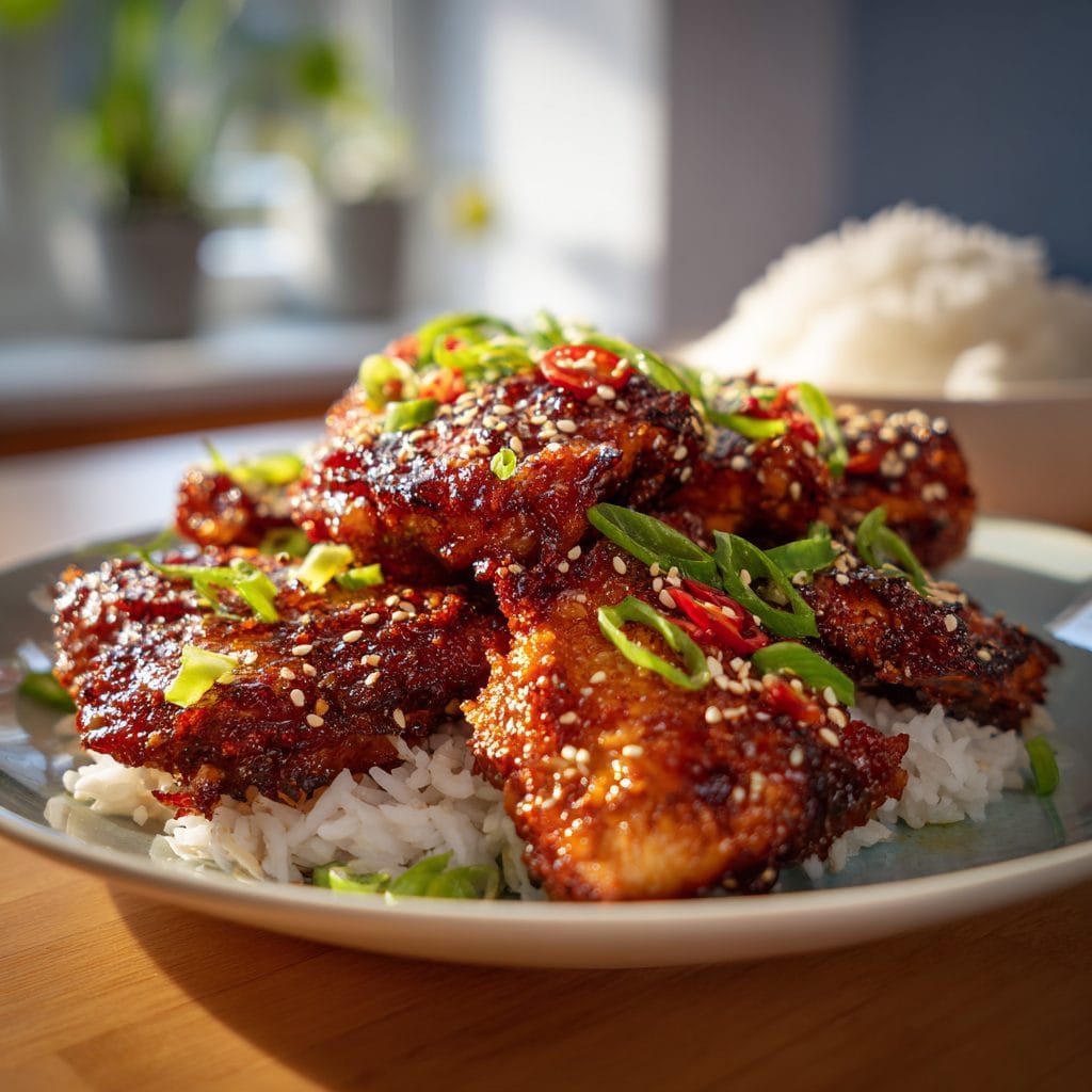Swicy Air Fryer Dinners with crispy chicken thighs glazed in sweet and spicy sauce, topped with sesame seeds and scallions, served with rice.
