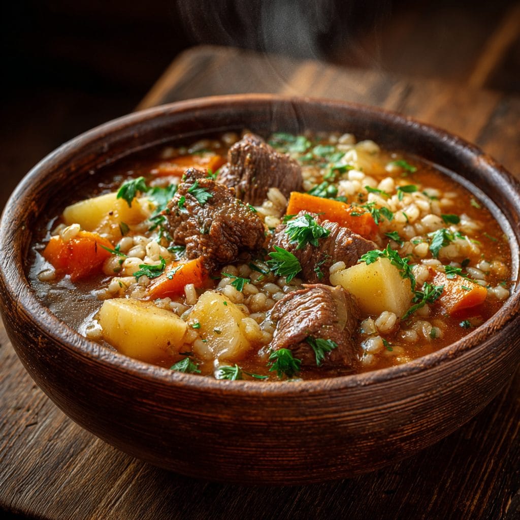 Classic Beef & Barley Stew served in rustic bowl with parsley garnish.