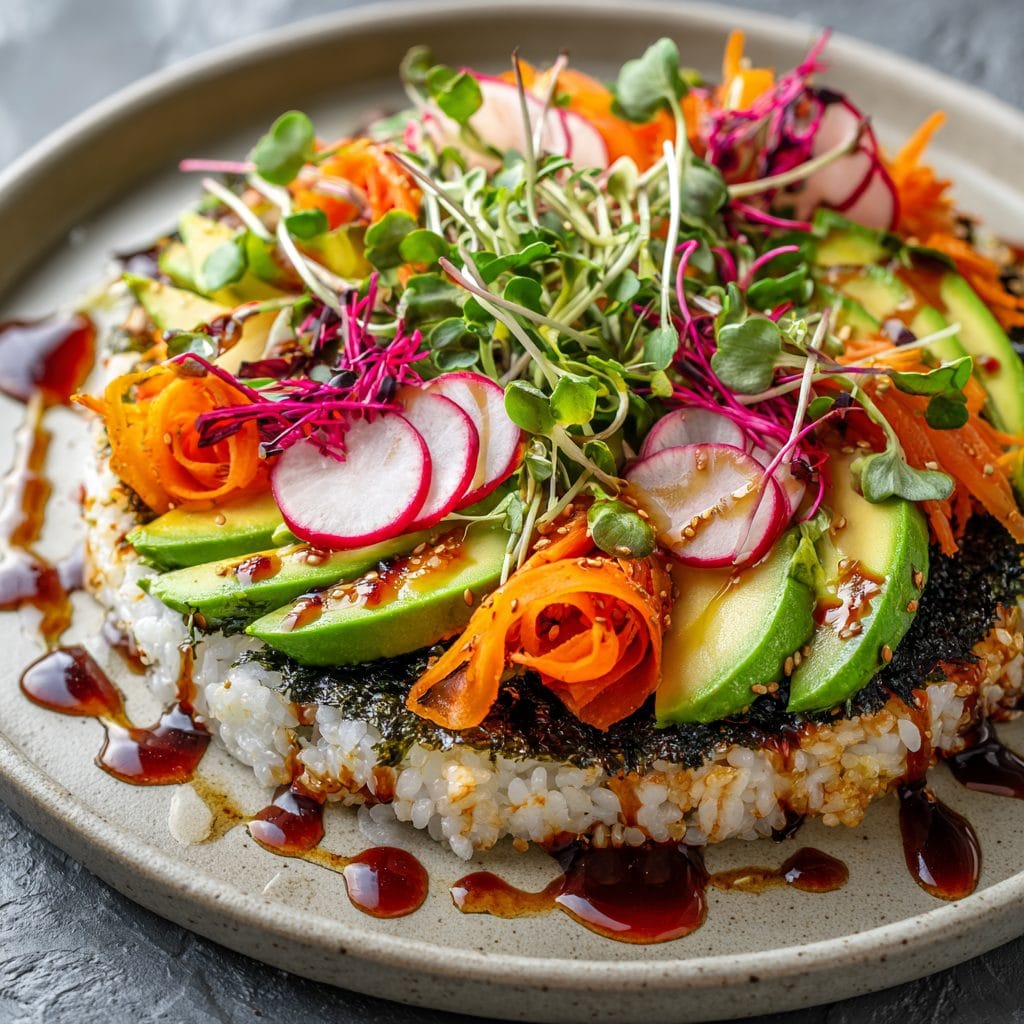 "Rainbow vegetarian sushi pizza with avocado, carrot ribbons, radish slices, and microgreens on a crispy sushi rice base, topped with a sheet of nori and drizzled with soy sauce or Japanese mayo.