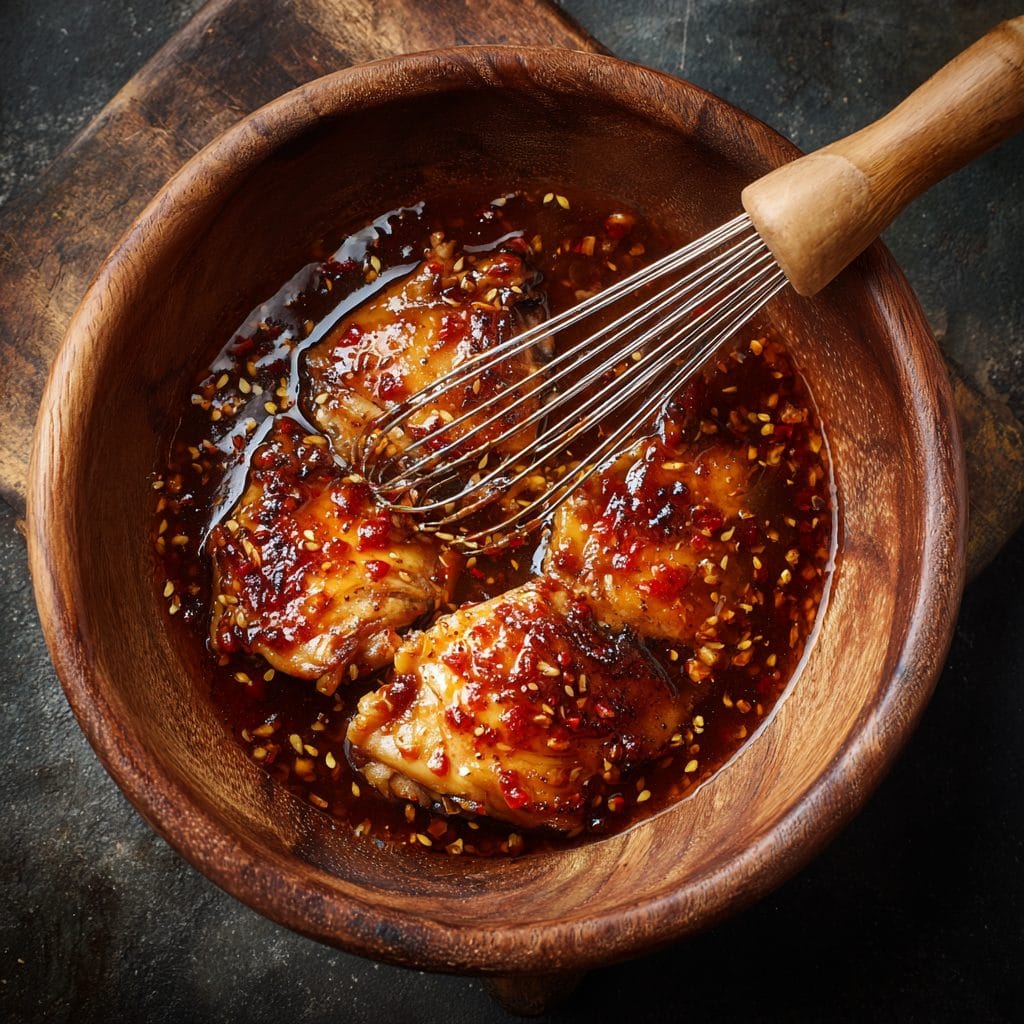 Preparation of Swicy Air Fryer Dinners showing chicken thighs coated in sweet and spicy marinade with honey, chili paste, garlic, and soy sauce.