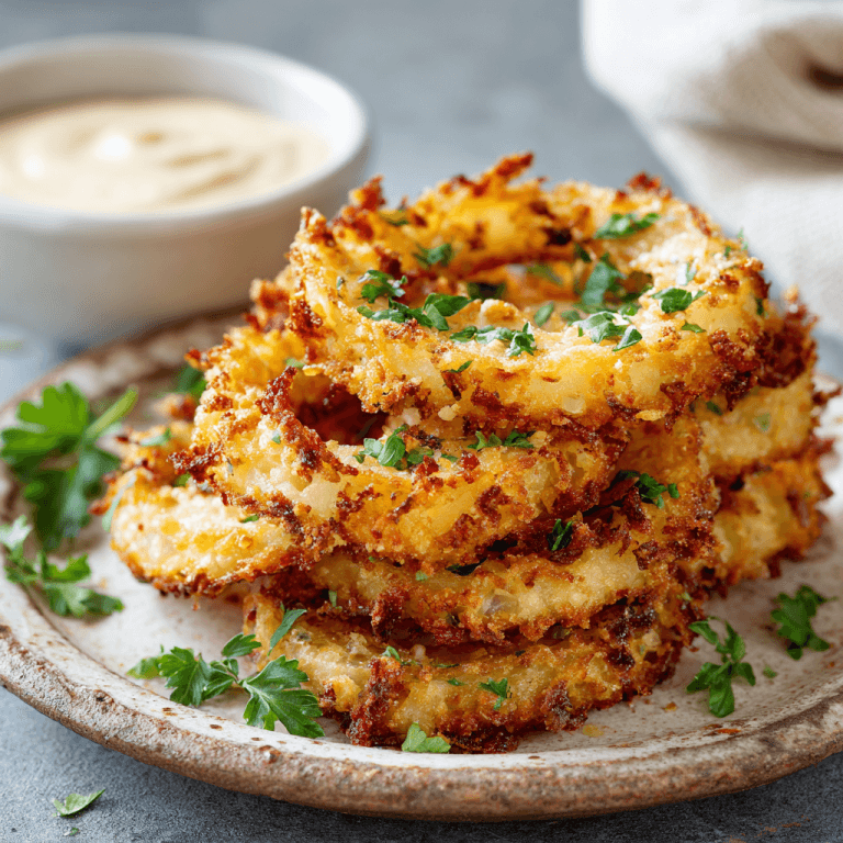 Low-Carb Onion Ring Chips: Parmesan-Crispy, No Deep Frying | Home Cook Legacy Crispy low-carb onion ring chips with golden parmesan edges served with dipping sauce